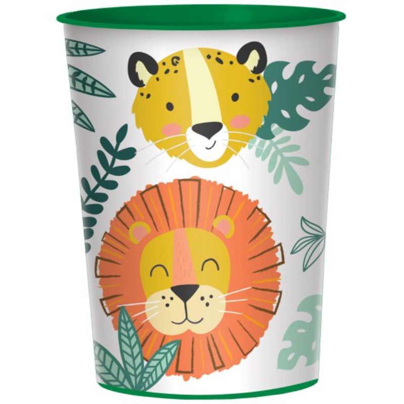 Colorful 473ml plastic cup with jungle design, perfect for tropical drinks at parties and events.