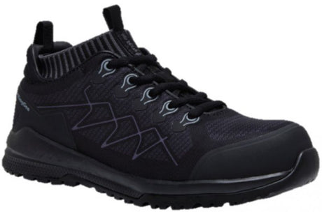 Black KingGee Vapour Knit K26525 safety shoes, Size 10, featuring breathable mesh, lightweight toe cap, slip-resistant sole, and memory foam.