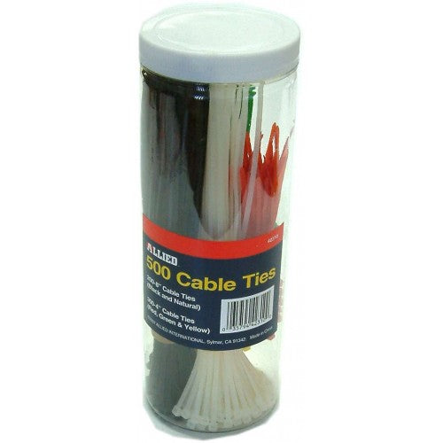 Assorted cable ties in a reusable tube, 500 pieces in various sizes and capacities for effective wire management.