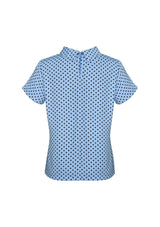 Lila Ladies Short Sleeve Top in blue with roll neck and keyhole back, crafted from soft fine crepe polyester.