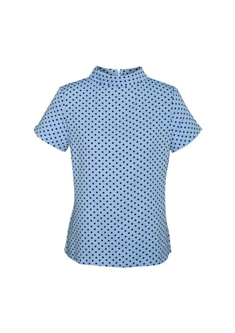 Lila Ladies Short Sleeve Top in blue, featuring soft fine crepe design, semi-fitted roll neck, and keyhole button detail.
