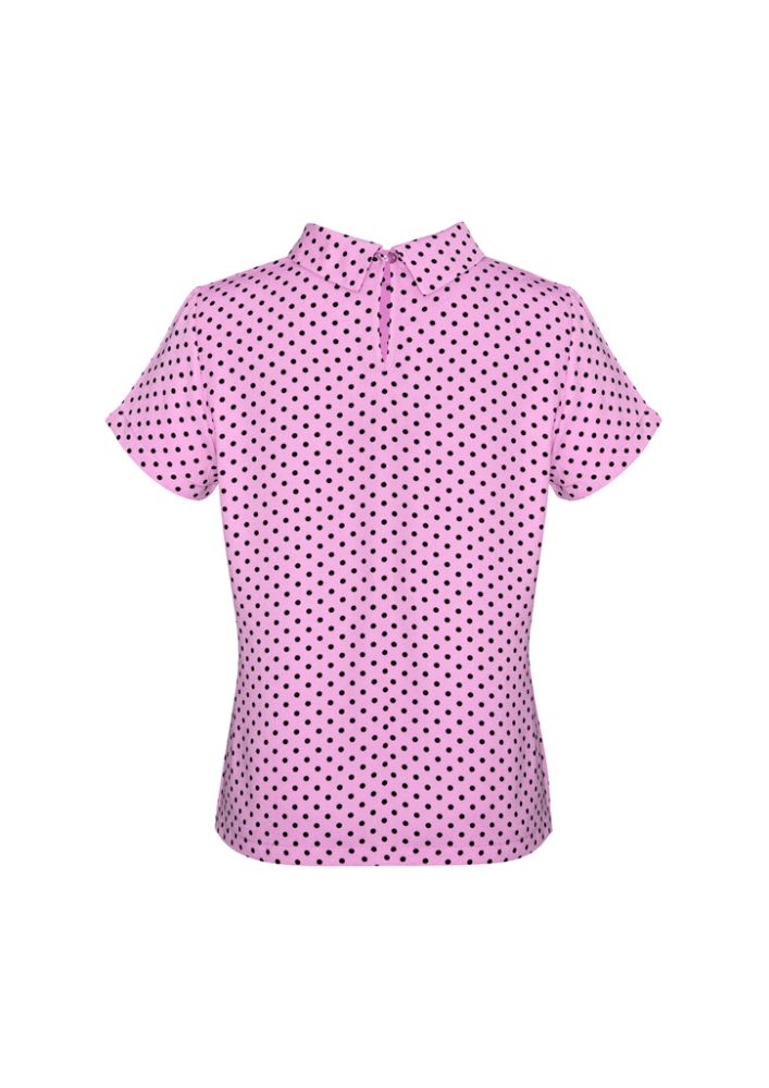 Lila Ladies Short Sleeve Top in pink, semi-fitted with roll neck and keyhole back, made from soft fine crepe polyester.