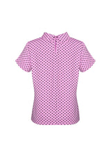 Lila Ladies Short Sleeve Top in pink, semi-fitted with roll neck and keyhole back, made from soft fine crepe polyester.