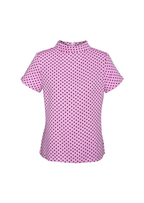 Lila Ladies Short Sleeve Top in pink, featuring a roll neck and keyhole back, crafted from soft, breathable crepe polyester.