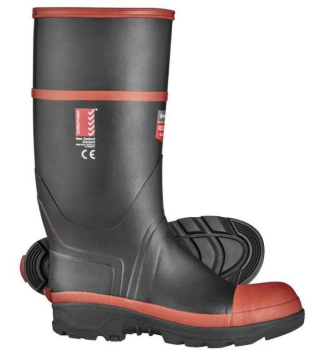 Redband Knee Length Safety Gumboots (Size 9) with steel toe, anti-slip outsole, and durable, waterproof nitrile rubber.