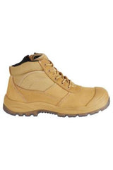 Safety Boots in Wheat, size 12, featuring steel toe cap, waterproof leather, dual-layer memory foam, and slip-resistant outsole.