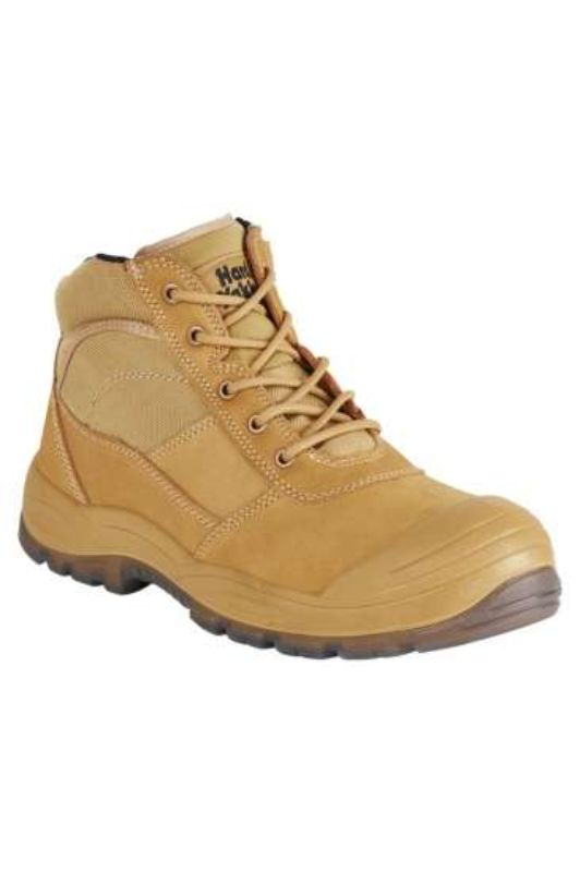 Safety Boots in Wheat, Size 10, featuring water-resistant leather, steel toe cap, memory foam footbed, and slip-resistant outsole.