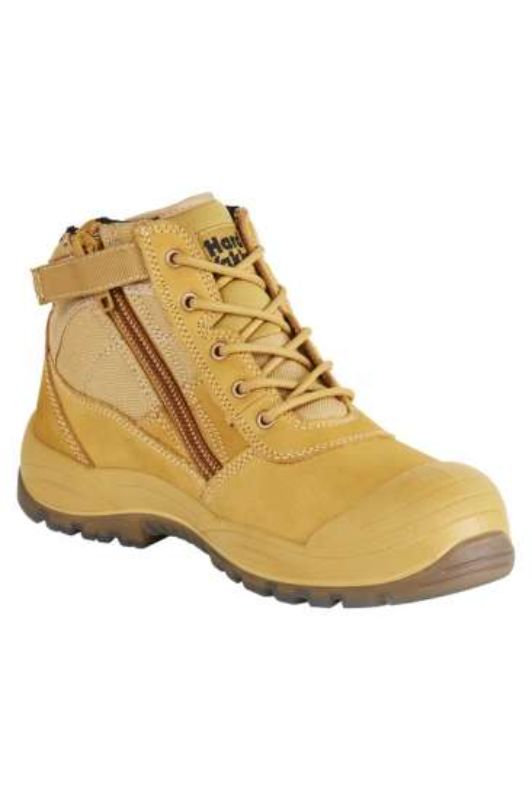 Wheat safety boots with steel toe, water-resistant leather, dual-layer memory foam, and slip-resistant outsole for protection and comfort.