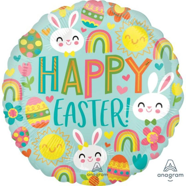 Vibrant 45cm foil balloon featuring Easter icons like bunnies and eggs, perfect for festive celebrations and gatherings.