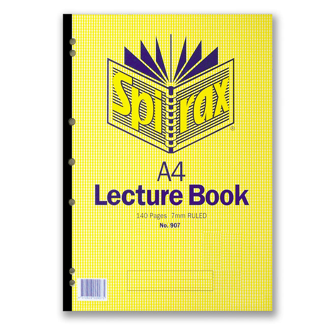 Spirax 907 A4 side-opening lecture pad with 140 perforated pages, 7mm ruling, and red margin for neat note-taking.