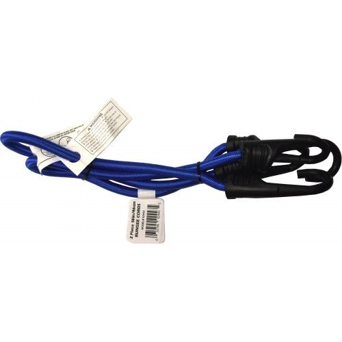 Durable 18-inch blue bungee cords with strong injection-moulded hooks, ideal for securing items while camping or organizing.