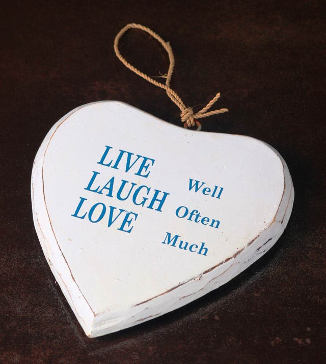 Hanging wooden heart with 'Live Laugh' message, perfect for adding warmth and charm to any decor style.