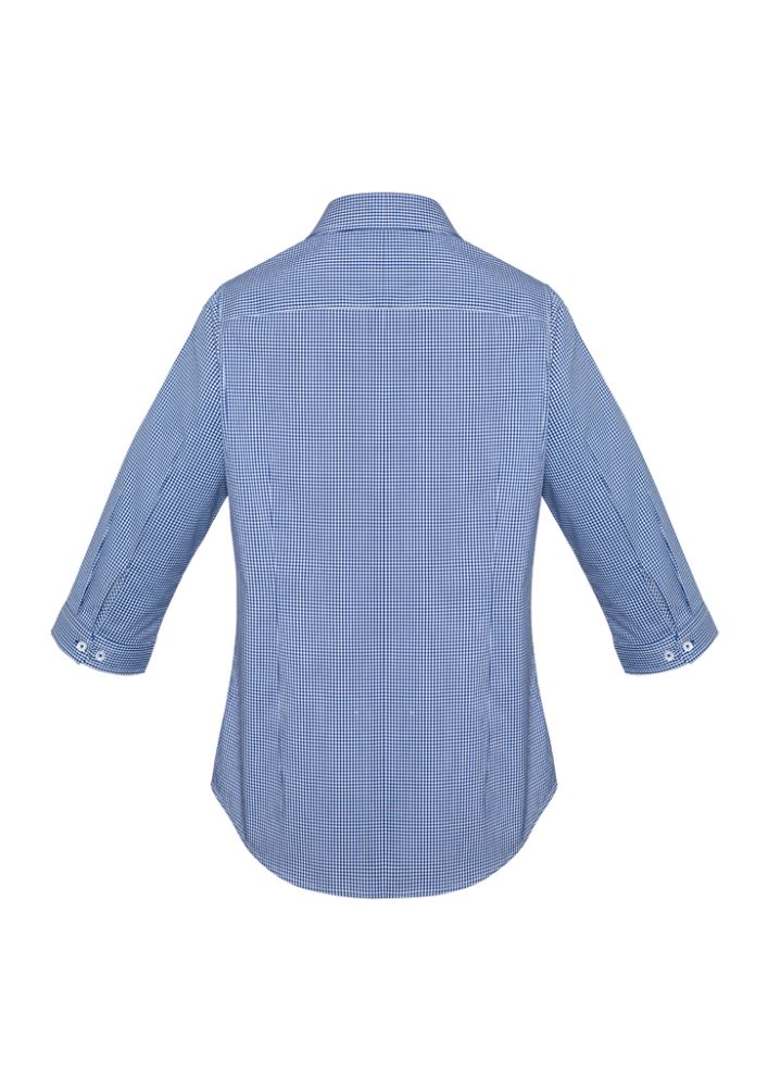 French Navy 3/4 sleeve shirt for women, featuring a check pattern, concealed buttons, and soft cotton blend for comfort.