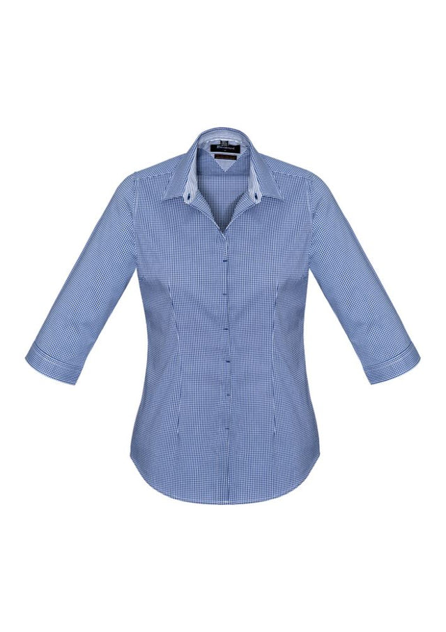 French navy semi-fitted 3/4 sleeve shirt for women featuring a concealed placket and stylish check pattern from Biz Collection.