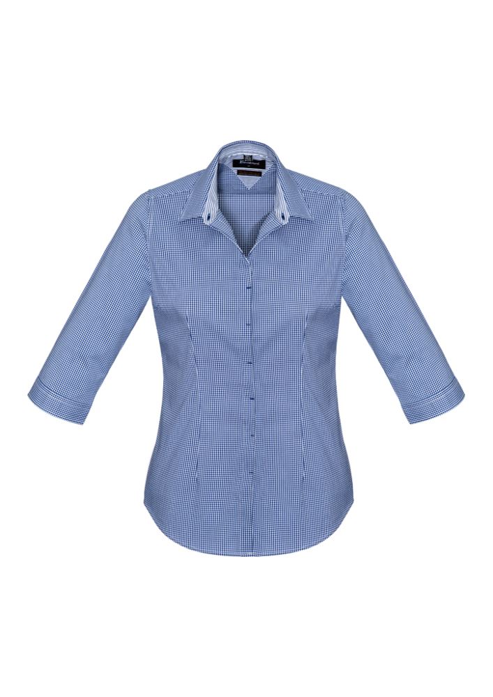 Newport Ladies 3/4 Sleeve Shirt in French Navy, size 16, features a semi-fitted design and yarn-dyed check pattern for versatile style.