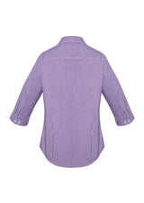 Elegant purple 3/4 sleeve women's shirt with yarn-dyed check pattern, offering a semi-fitted style and ultimate comfort.