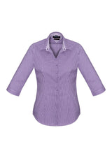 Newport Ladies 3/4 Sleeve Shirt in Purple Reign, featuring a chic check pattern and soft stretch cotton blend for comfort.