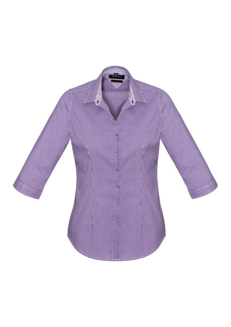Purple Reign Newport 3/4 Sleeve Shirt for ladies, featuring a yarn-dyed check pattern and soft stretch cotton blend for comfort.