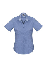 Newport Ladies Short Sleeve Shirt in French Navy with a semi-fitted design, featuring soft stretch fabric and stylish details.