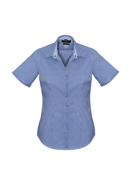 Newport Ladies Short Sleeve Shirt in French Navy with a semi-fitted design, featuring soft stretch fabric and stylish details.
