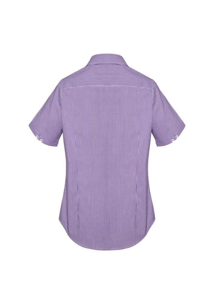 Semi-fitted purple short sleeve shirt with yarn-dyed check pattern and contrast detailing for stylish comfort.