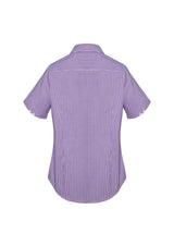Semi-fitted purple short sleeve shirt with yarn-dyed check pattern and contrast detailing for stylish comfort.