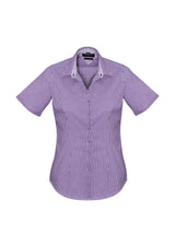Purple Reign Newport Ladies Short Sleeve Shirt, semi-fitted with concealed placket, featuring a soft stretch cotton blend.