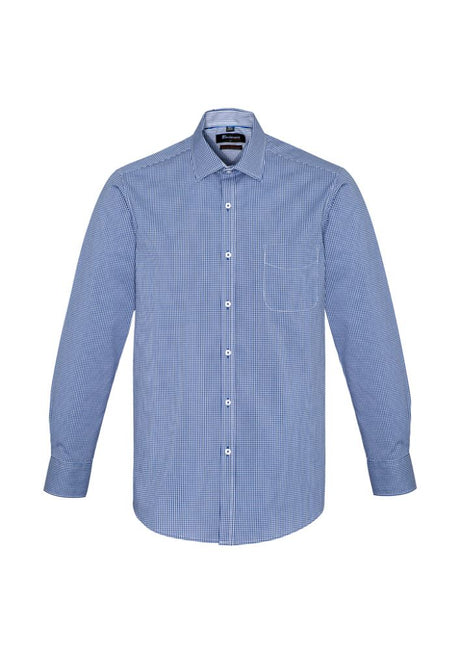 Newport Mens Long Sleeve Shirt in French Navy, featuring a stylish check pattern, regular collar, and premium stretch fabric.