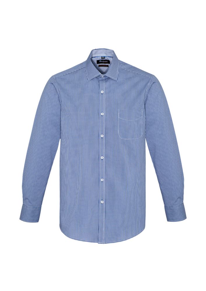 Newport Men's Long Sleeve Shirt in French Navy, featuring a yarn-dyed check, executive fit, and stylish collar details.