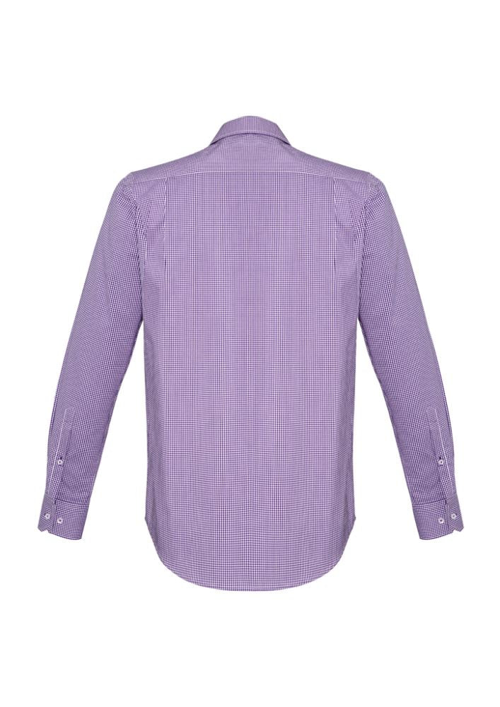 Newport Men's Long Sleeve Shirt in Purple Reign, featuring a yarn-dyed check pattern and executive-fit design for style and comfort.