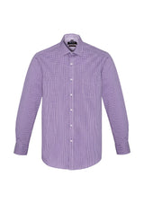 Executive-fit purple long sleeve shirt, made of soft stretch cotton blend, featuring striped collar trim and front pocket.