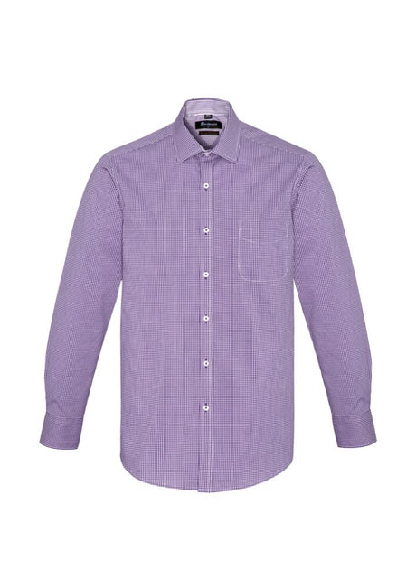 Executive-fit purple long sleeve shirt, made of soft stretch cotton blend, featuring striped collar trim and front pocket.