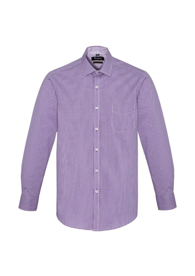 Men’s long sleeve purple shirt with elegant collar trim, front pocket, and breathable stretch fabric, available in 4XL.
