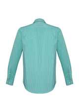 Eden Green long sleeve men's shirt with check pattern, tailored fit, front pocket, and contrast button stitch for versatile wear.