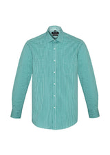 Eden Green long sleeve men's shirt with yarn-dyed check, executive-fit, front pocket, and stylish contrast details.