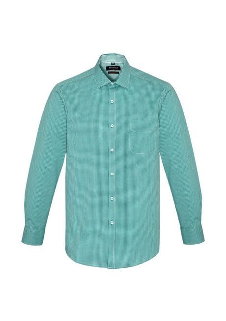 Eden Green long sleeve men's shirt with yarn-dyed check, executive-fit, front pocket, and stylish contrast details.