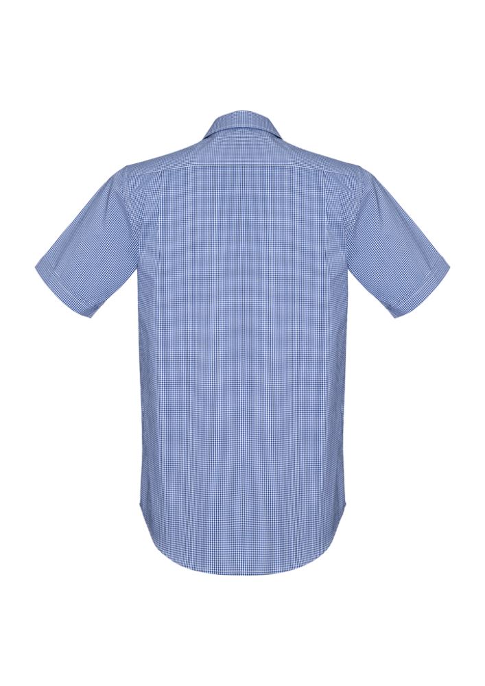 Newport Men's Short Sleeve Shirt in French Navy, featuring a yarn-dyed check pattern, comfortable stretch fabric, and executive fit.