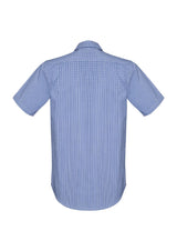 Newport Men's Short Sleeve Shirt in French Navy, featuring a yarn-dyed check, executive fit, and soft stretch fabric.
