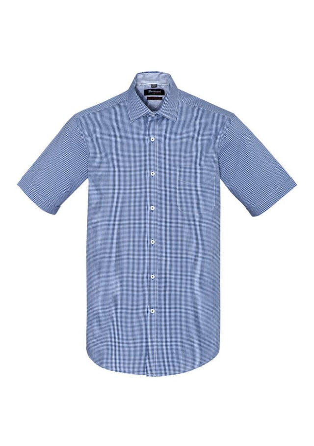 Newport Men's Short Sleeve Shirt in French Navy, featuring a classic collar, front pocket, and soft stretch cotton blend.