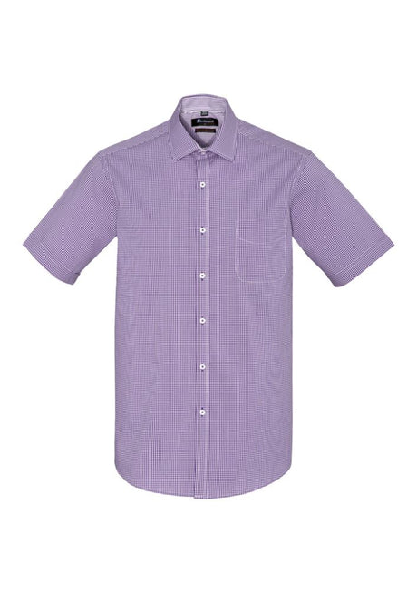 Newport Men's Short Sleeve Shirt in Purple Reign, featuring a stylish check pattern and comfortable stretch fabric.