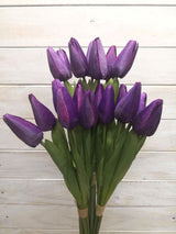 Vibrant purple artificial tulip bundle with seven lifelike flowers, perfect for year-round home decor without maintenance.