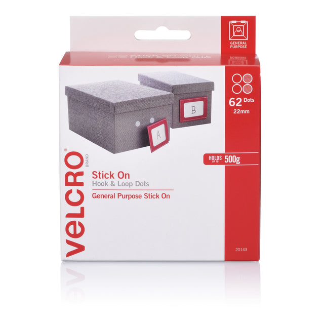 White VELCRO® Brand 22mm dots with strong adhesive, ideal for mounting and organizing, featuring interlocking hook and loop design.