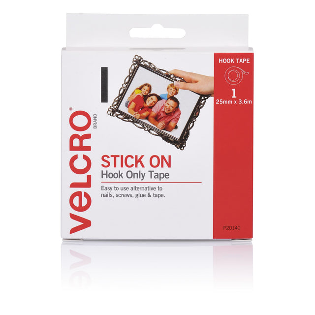 VELCRO® Brand Hook Fasteners Strip in white, 25mmx3.6m, ideal for organizing and securing items with a strong adhesive grip.