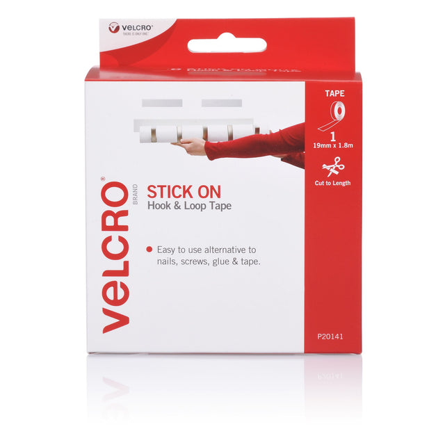 VELCRO® Brand white hook and loop fasteners strip, 20mm x 1.8m, perfect for organizing and attaching items easily.