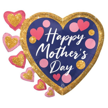 Vibrant navy SuperShape XL Mother's Day balloon with pink and glitter dots, perfect for celebrating moms in style.