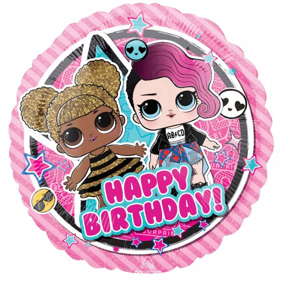 Vibrant 45cm LOL Surprise Happy Birthday foil balloon featuring beloved characters, perfect for festive birthday celebrations.