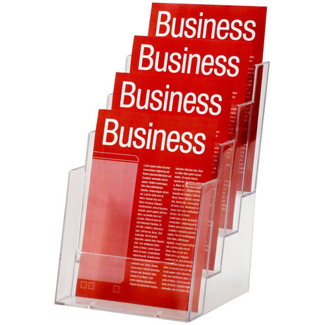 A free-standing A5 portrait brochure holder with four tiers for showcasing flyers and promotional materials.