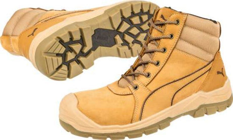 Lightweight 6" safety boot in wheat, featuring zip sides, fiberglass toe cap, shock absorber, and heat-resistant sole.