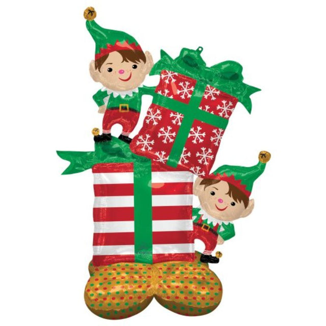 Inflatable Christmas elves measuring 91cm x 134cm, perfect for festive indoor and outdoor decorations.