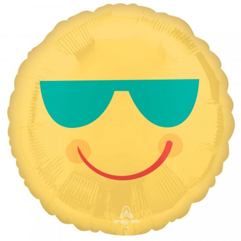 45cm yellow smiley face balloon with sunglasses, perfect for parties and celebrations, brightens any occasion.